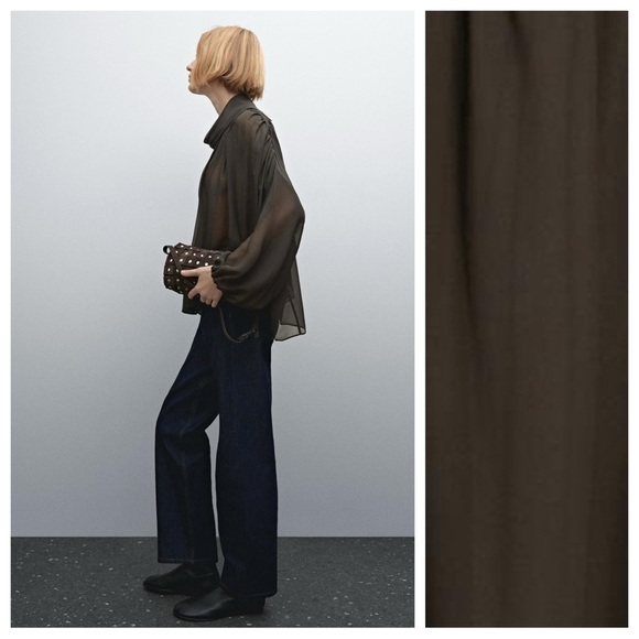 NWT. Massimo Dutti Brown Semi-Sheer Voluminous Blouse. Size XS-S. - Picture 3 of 11